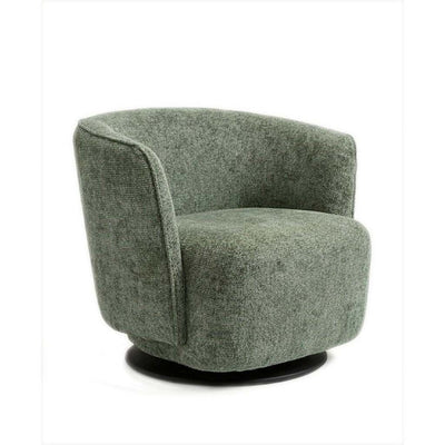 Mayo Armchair with curved design, contrasting upholstery, and metal swivel base for modern living spaces
