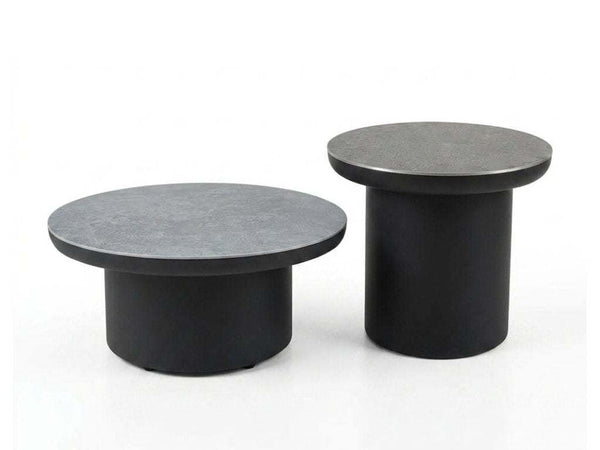 Mesa Outdoor Ceramic Coffee Table and Side Table Set with powder coated aluminium frame and thick ceramic top in charcoal and cement finish