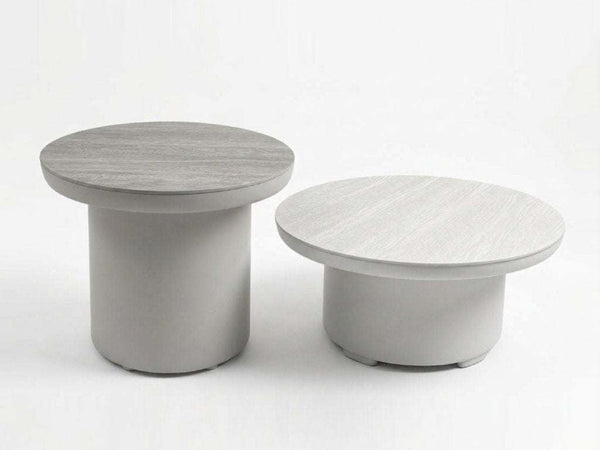 Mesa Outdoor Ceramic Coffee Table and Side Table Set with powder coated aluminium frame and thick ceramic top in white and travertine ceramic finish