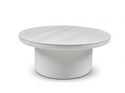 Mesa Outdoor Ceramic Coffee Table with powder coated aluminium frame and thick ceramic top in white and travertine finish