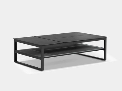 Miami Lift-Top Outdoor Coffee Table in charcoal, robust aluminum frame with lift-top design for versatile use and storage.