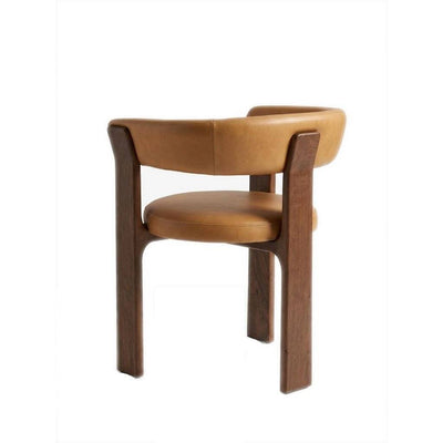 Miles Leather Dining Chair in vintage tan leather with walnut-stained rubber wood legs and modern barrel design