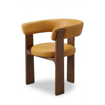 Miles Leather Dining Chair in vintage tan leather with walnut stained rubber wood legs and modern barrel shape