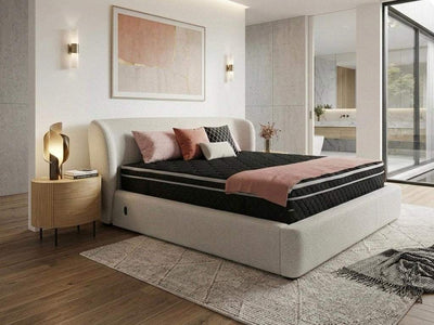 Miller Bed Frame with curved headboard, upholstered base, and customizable options in leather or fabric
