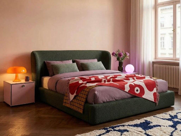 Miller Bed Frame with curved upholstered headboard and storage options in premium leather or fabric