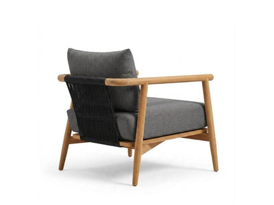 Rear view of Mirage 1 seater outdoor sofa showing teak frame and black rope detailing