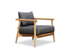Front view of Mirage 1 seater outdoor sofa showing teak frame and charcoal sunbrella cushions