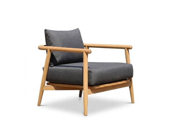 Front view of Mirage 1 seater outdoor sofa showing teak frame and charcoal sunbrella cushions
