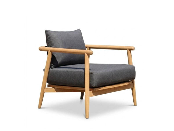 Mirage 1 Seater Outdoor Sofa with natural teak frame and dark grey Sunbrella fabric cushions for comfortable outdoor seating