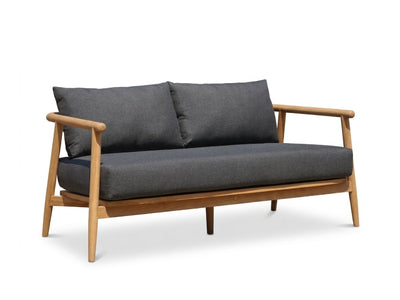 Mirage 2 seater outdoor sofa with teak frame and charcoal grey cushions