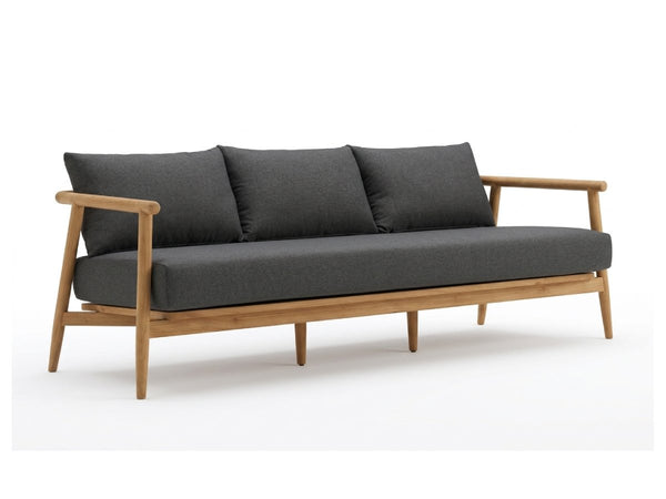 Mirage 3 seater outdoor sofa with teak frame and charcoal grey cushions