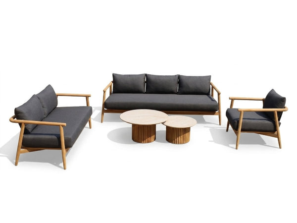 Mirage 6 seater outdoor lounge set with teak frames, charcoal grey cushions and coffee tables