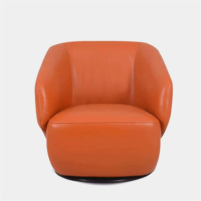 Mojito Leather Armchair with rounded shape and swivel base in orange leather.