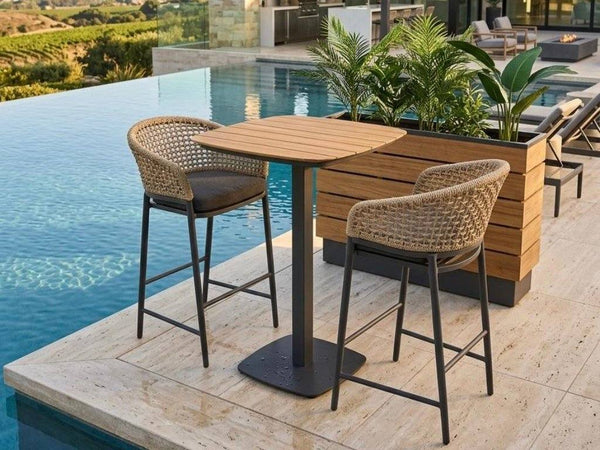 Outdoor teak bar table with heavy-duty aluminum frame and Textilene fabric chairs