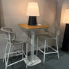 Outdoor Teak Bar Table with aluminum frame and wicker chairs, 75x75 cm.