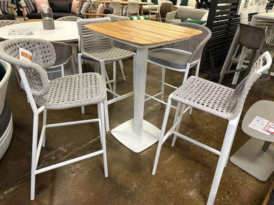 Moorea Outdoor Teak Bar Table with aluminum frame and quick-dry foam insert, 75x75 cm.