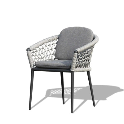 Muses Outdoor Rope Dining Chair with woven polyester ropes and aluminum frame.