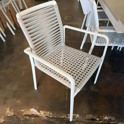 Napoli Outdoor Rope Chair with white frame and white rope, featuring ergonomic design and aluminium construction for patio use.