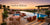 Outdoor patio furniture set arranged around a pool at sunset, including cushioned lounge sofas, a dining table with chairs, a round cabana-style daybed, and potted plants on a stone deck. 