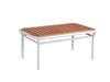 Nine Degrees Outdoor Coffee Table with aluminum frame and synthetic teak top.
