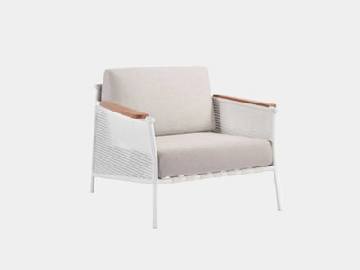 Contemporary Nine Degrees Outdoor Lounge 1 Seater Sofa with aluminum frame and synthetic teak armrests.