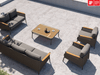 Nine Degrees Outdoor Lounge - 3 Seater Sofa with teak armrests on patio, featuring modern design and comfort.