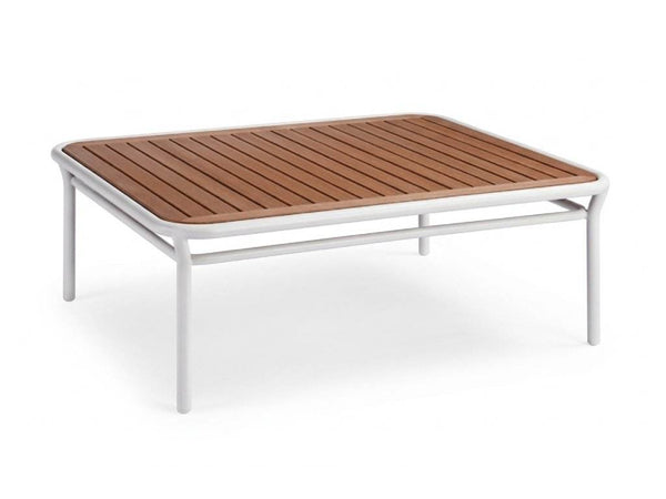 Nine Degrees Outdoor Coffee Table with a white aluminum frame and slatted brown synthetic teak tabletop