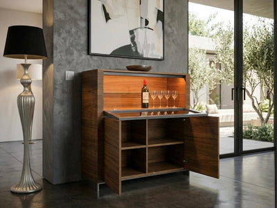 Norton Cocktail Sideboard walnut veneer grey steel base drop down panel two doors fully assembled