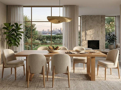 Oakridge Dining Table, rectangular dining table in warm natural oak with a broad timber top and sturdy angled legs.