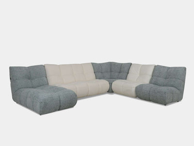 Oasis 7 Seater Corner Sofa with Chaise in two-tone fabric, dimensions 358 x 281 cm.
