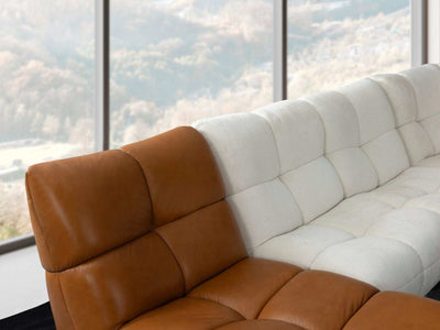 Oasis 7 Seater Corner Sofa with Chaise in two-tone leather and fabric design.