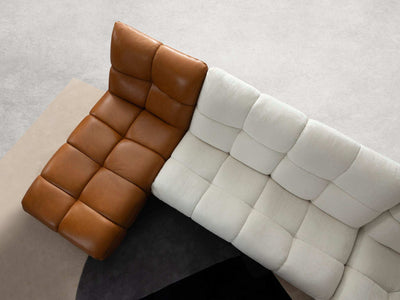 Oasis 7 Seater Corner Sofa with Chaise in brown and white upholstery, 358 x 281 cm.