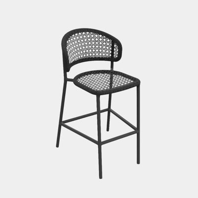 Butterfly Outdoor Bar Chair with woven backrest, all-weather aluminum frame, and Italian polyethylene rope.