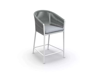Jiselle Outdoor Bar Chair with white frame and grey rope design, featuring a comfortable Sunbrella cushion.