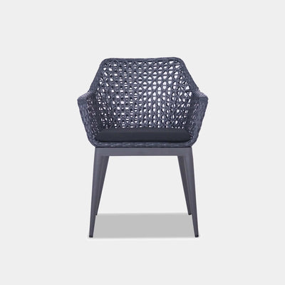 Capri Outdoor Dining Chair with aluminum frame and Rehau weaving, charcoal base.