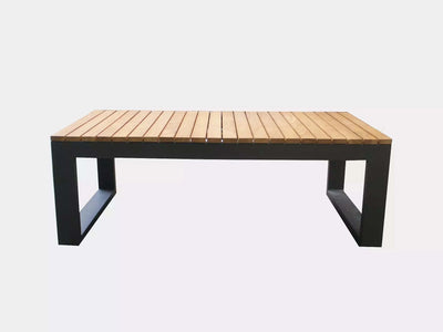 Belvedere Outdoor Teak Coffee Table with charcoal frame and teak top, sleek and modern design for patio.