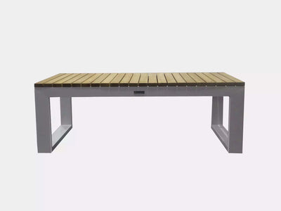 Belvedere Outdoor Teak Coffee Table with sleek white frame and wooden top, perfect for patios.