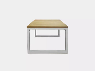 Belvedere Outdoor Teak Coffee Table with sleek design, white powder-coated aluminum frame, and teak top.