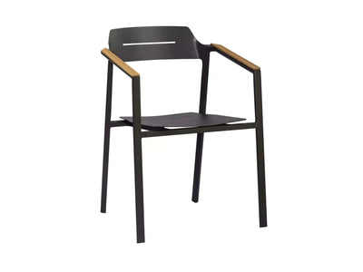 Moorea Outdoor Dining Chair in charcoal finish with teak armrests and sleek aluminum frame.