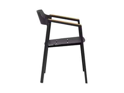 Moorea Outdoor Dining Chair with teak armrests, charcoal finish, sleek aluminum frame.