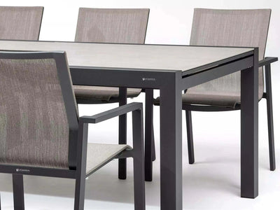 Livorno Outdoor Ceramic Extendable Dining Table in charcoal and marble finish with sleek aluminum frame.