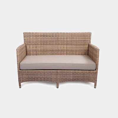 Caribbean 2 Seater Outdoor Sofa with handwoven rattan design and Sunbrella cushions.