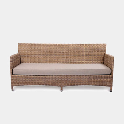 Caribbean Outdoor Lounge - 3 Seater Outdoor Sofa with woven synthetic rattan and Sunbrella fabric cushions on a powder-coated aluminum frame.