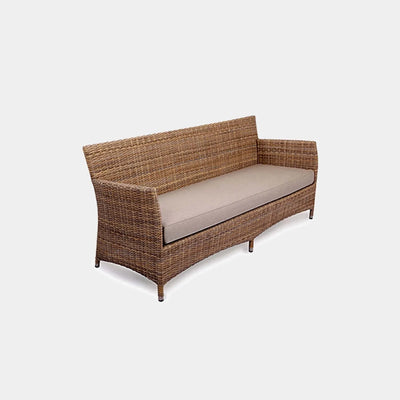 Caribbean 3 seater outdoor sofa with synthetic rattan weave and Sunbrella cushions.