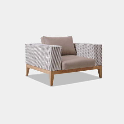 Manhattan 1 Seater Outdoor Sofa with synthetic rattan, teak wood base, and Sunbrella fabric cushions.