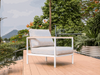 Granada Outdoor Lounge 1 Seater Sofa with aluminum frame and teak arm trim on a deck.