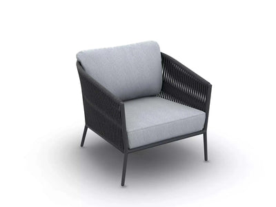 Jiselle Outdoor Lounge 1 Seater Rope Sofa with aluminum frame and Sunbrella cushions.