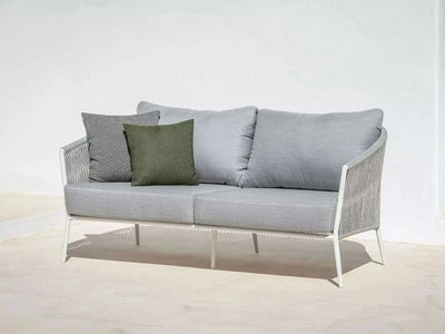 Jiselle Outdoor Lounge 2.5 Seater Rope Sofa with grey cushions and elegant Italian rope design on white aluminum frame, perfect for outdoor luxury.