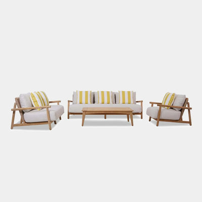 Bahama 6 Seater Outdoor Lounge Set with teak frame and Viro Hyacinth weaving, featuring plush Sunbrella cushions.