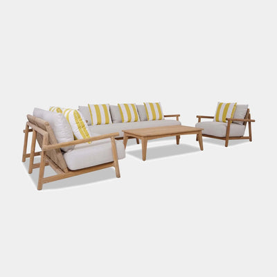 Corsica 6 Seater Outdoor Lounge Set with teak frame, Viro Hyacinth weaving, and Sunbrella cushions.